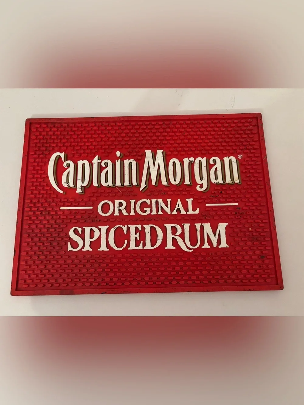 HUGE vintage Captain Morgan Spiced Rum red rubber bar mat - Man Cave! She-Shed!